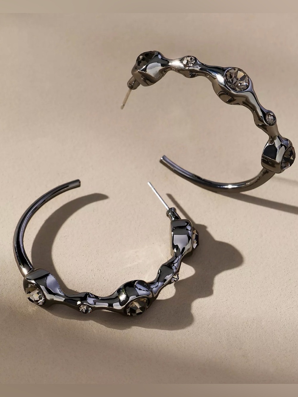 Anthropologie Polished Silver Crystal-Accent Hoop Earrings